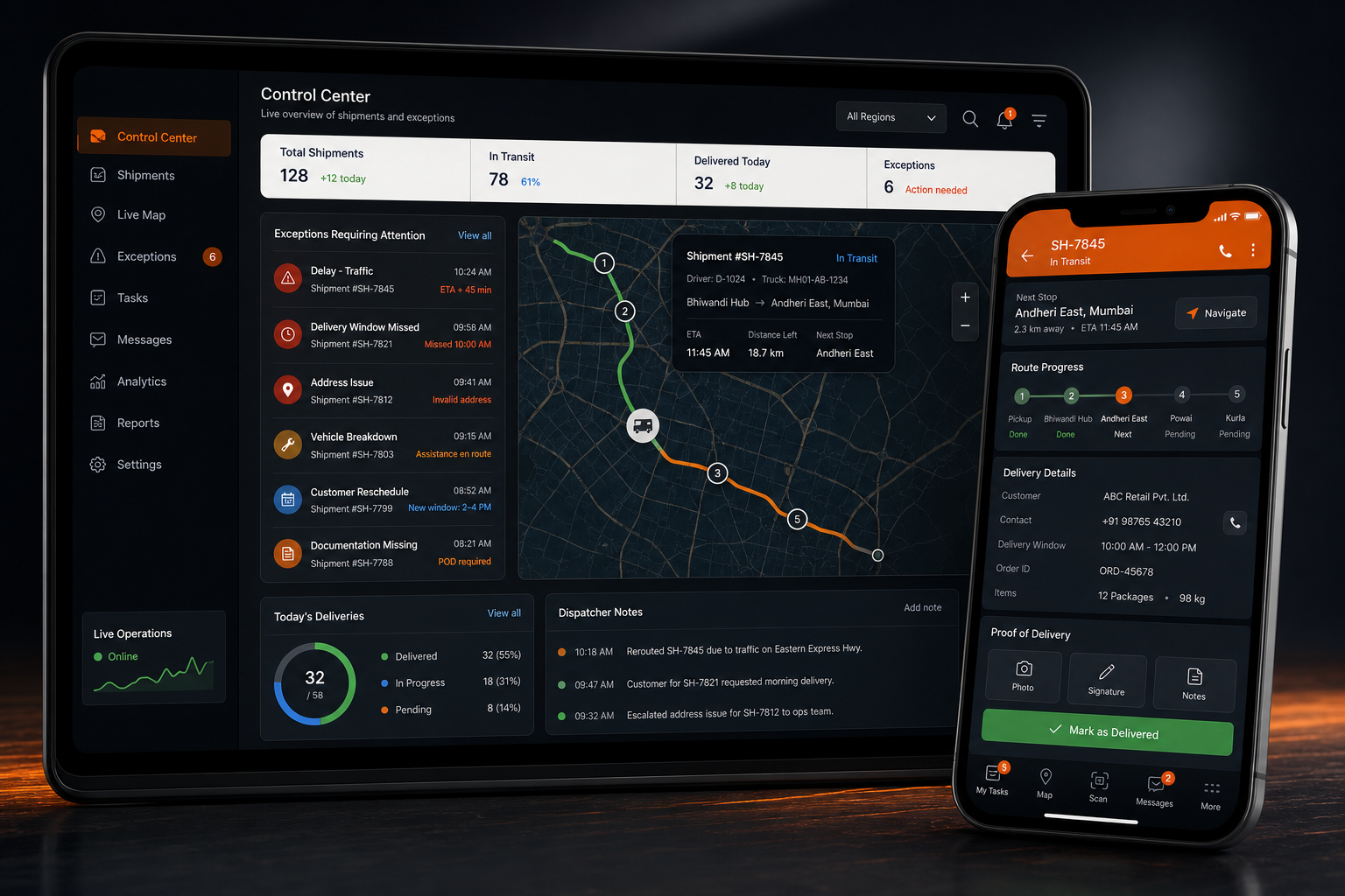 Dispatcher-to-driver workflow linking exceptions, route progress, proof of delivery, and next actions.