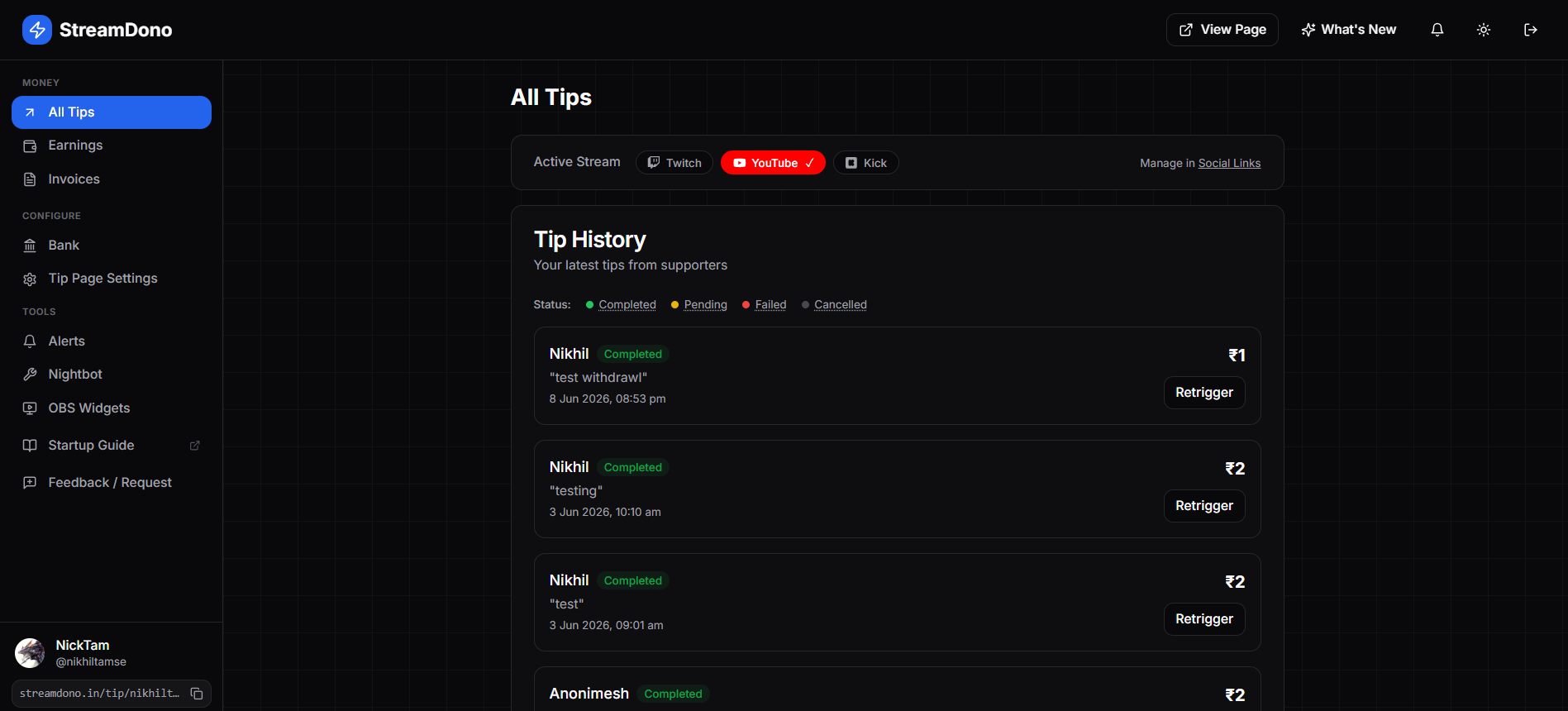 StreamDono creator dashboard