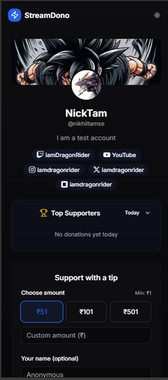 StreamDono mobile creator tipping page